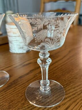 Elegant Clear Etched Crystal Coupe Glass - Set of 2 Vintage/Rare Stemware